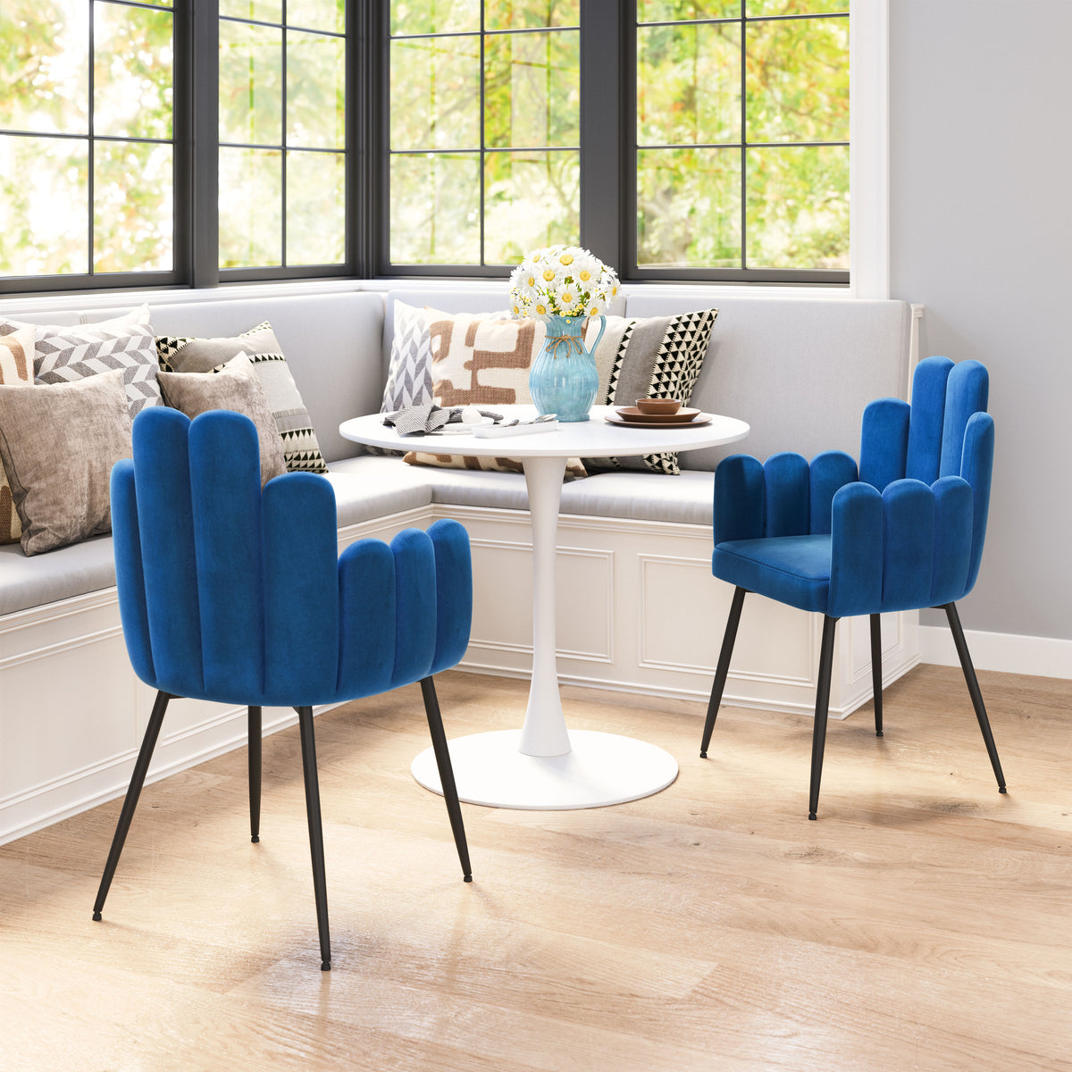 Chaise d’appoint Velours Dossier à Lattes & Acier Noir | Gris, Bleu marine ou Ivoire