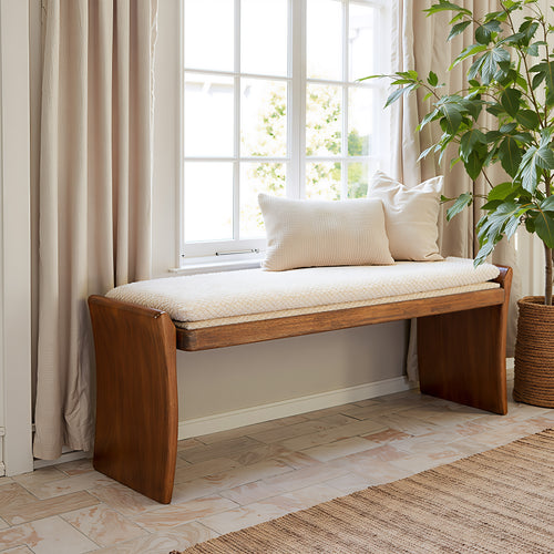 Banquette moderne en tissu beige – 2 places | Bois d’hévéa
