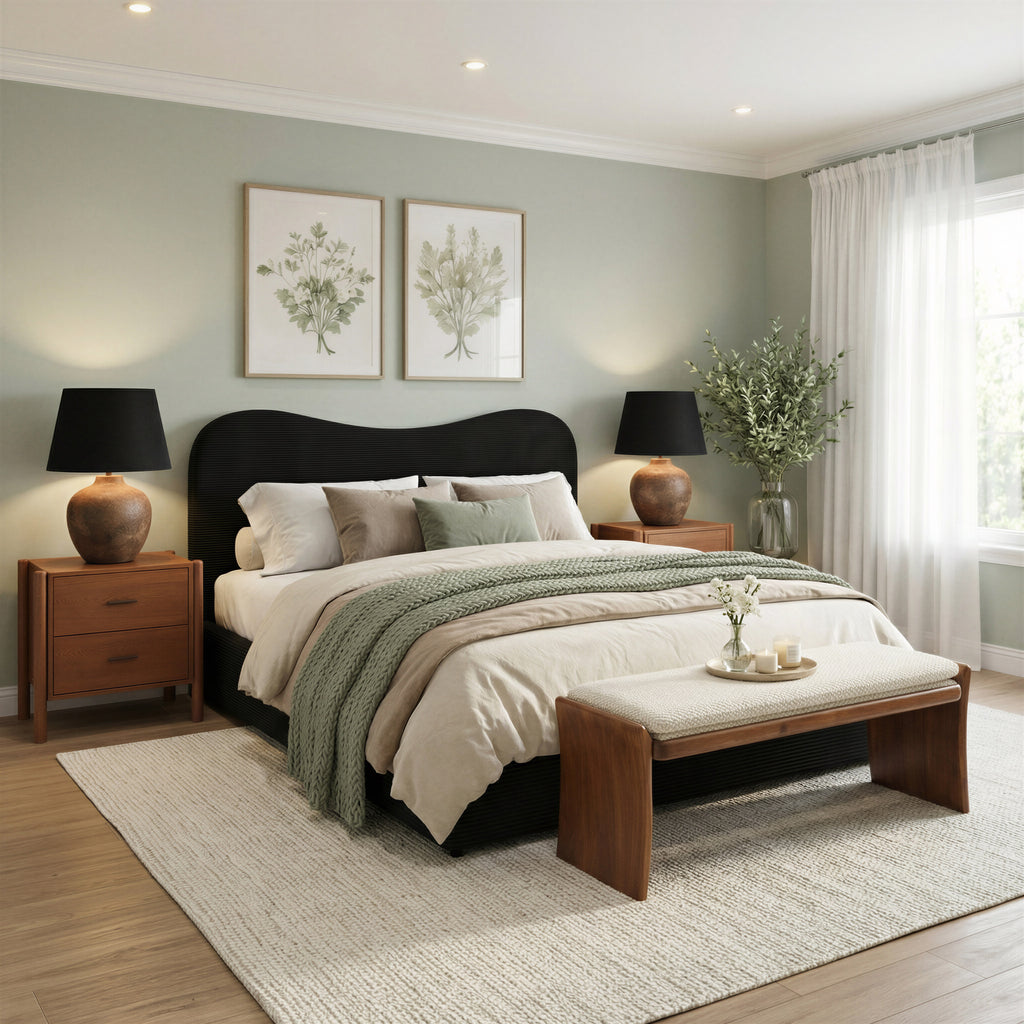 Banquette moderne en tissu beige – 2 places | Bois d’hévéa